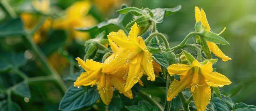 Early summer shows vibrant yellow tomato flowers blooming beautifully perfect for a copy space image