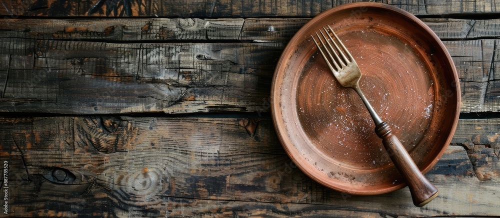 Fototapete Top view of a fork on an empty clay plate resting on a rustic wooden table with space for additional imagery