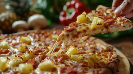 Closeup macro view of fresh pineapple pizza closeup view