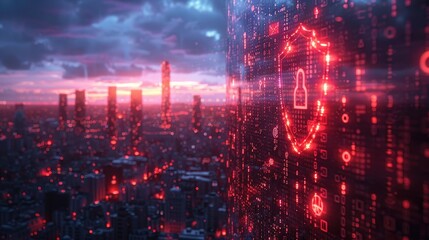 Futuristic cityscape with digital binary code and cyber security symbols, representing advanced technology and data protection at dusk.