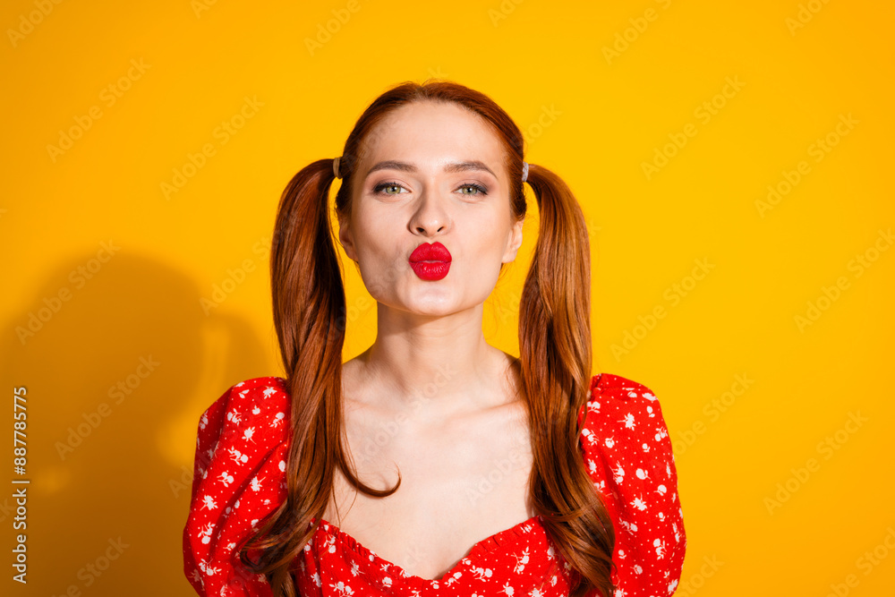 Canvas Prints photo portrait of pretty young girl kiss pouted lips wear trendy red outfit isolated on yellow color