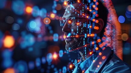 Futuristic concept of data analysis with a scientist in a lab coat and a digital interface overlay, representing technological advancement.