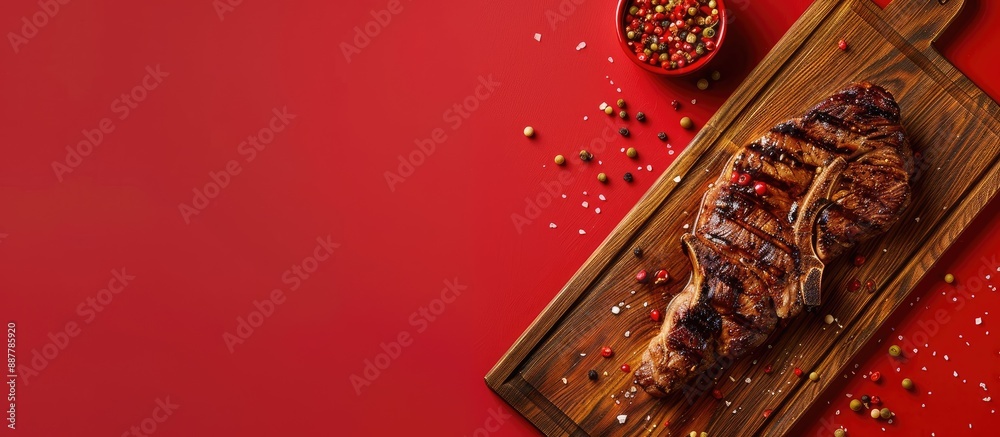 Aufkleber a delicious grilled steak is displayed on a wooden board against a red background with seasonings in