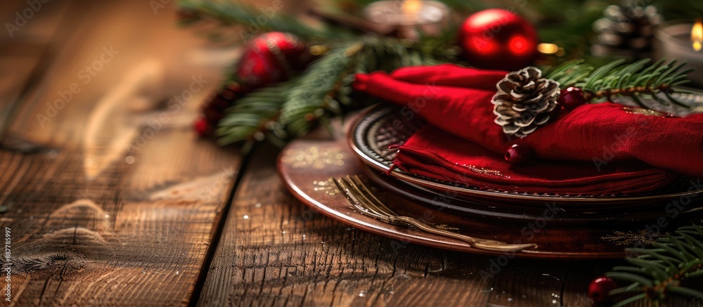 Aufkleber Wooden table setting with a red napkin and festive Christmas background like a copy space image