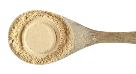 Black maca organic powder pile in wooden sppon isolated on white, top view