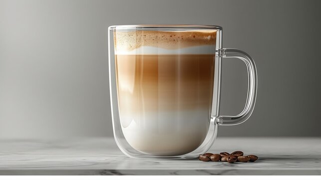 A detailed clear glass coffee mug with latte art, illustrated on a minimalist white background
