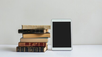 Modern e book next to stack of books on white background Focus on training and technology