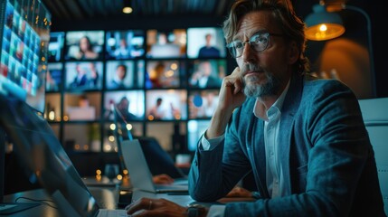 Fototapeta premium A man is sitting at a desk with a computer monitor in front of him