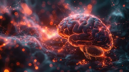 Futuristic illustration of a glowing brain with neural connections, symbolizing artificial intelligence and advanced technology.