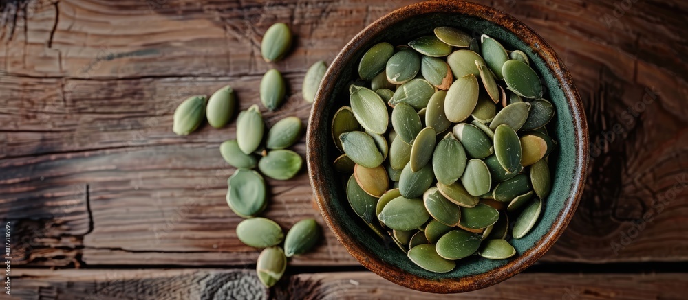 Aufkleber a bowl of unprocessed pumpkin seeds placed on a wooden table with room for text alongside the image.
