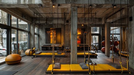 Well equipped gym interior for functional training with ropes, weights, and exercise balls