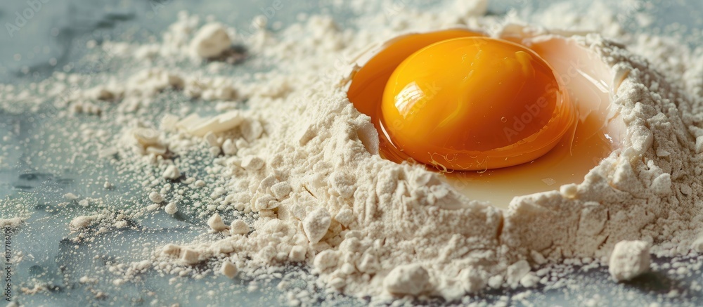 Poster on a table a raw chicken egg coated in flour with a vivid yolk beside wheat flour set as baking ingr