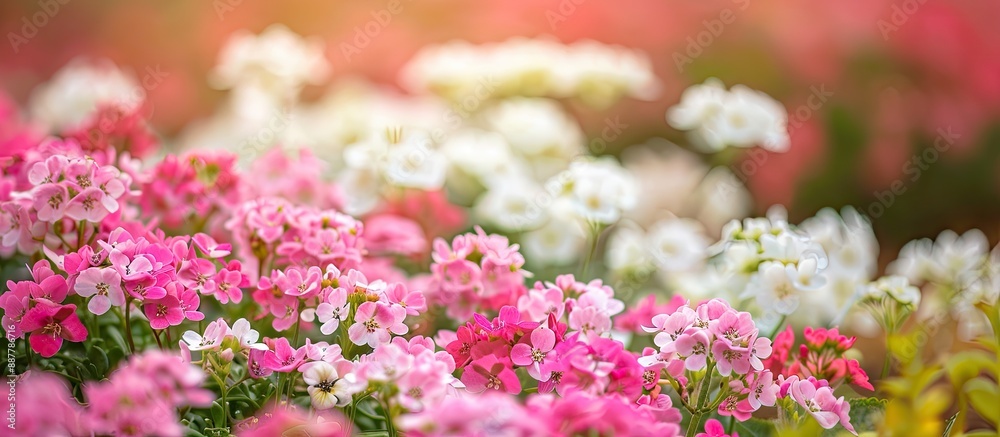 Poster small pink and white spring flowers in full bloom in the garden with copy space image