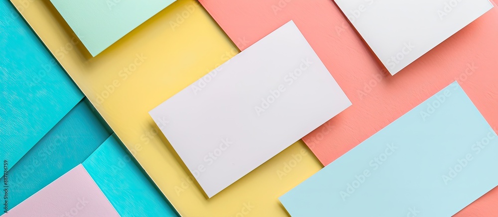 Poster Blank business cards lay flat on a colorful background in a mockup image with ample copy space for text