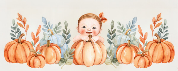 Watercolor painting, Baby surrounded by pumpkins, autumn leaves, joyful expression