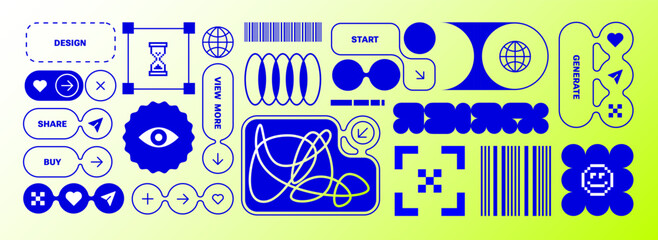 Y2k elements. Objects for composition. Trendy stickers. Flat design. Cyber funky style, 90s. Brutalist abstract shapes. Neon background, zine aesthetic. Vectored shapes, retro vibes. blue monochrome