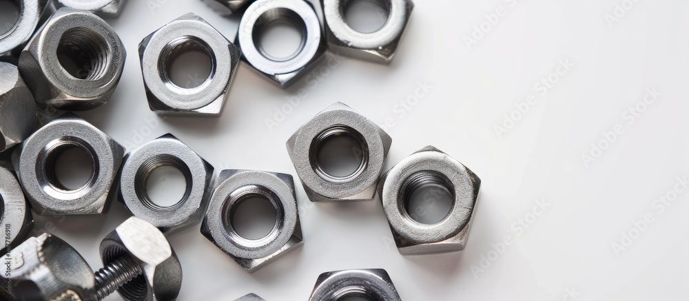 Poster close up arrangement of steel hexagon nuts or female nippers in different shapes on a white backgrou