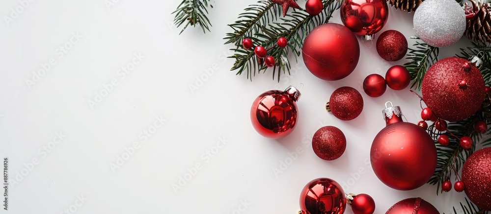 Poster close up view of christmas decorations against a white backdrop with ample copy space image