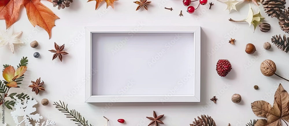 Leinwandbilder autumn theme with a blank mock up photo frame surrounded by natural elements like leaves flowers pin