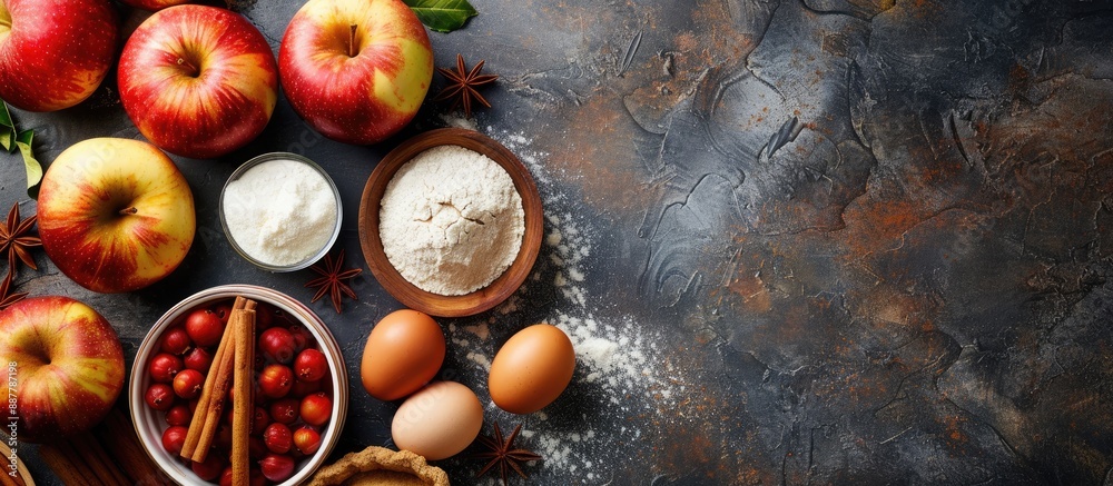 Leinwandbilder Fresh ingredients like apples cinnamon flour sugar and eggs for baking an apple pie displayed on a stone background from a top view with room for a copy space image