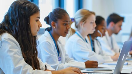 Fototapeta premium Diverse group of medical students are listening to their professor and taking notes on their laptops