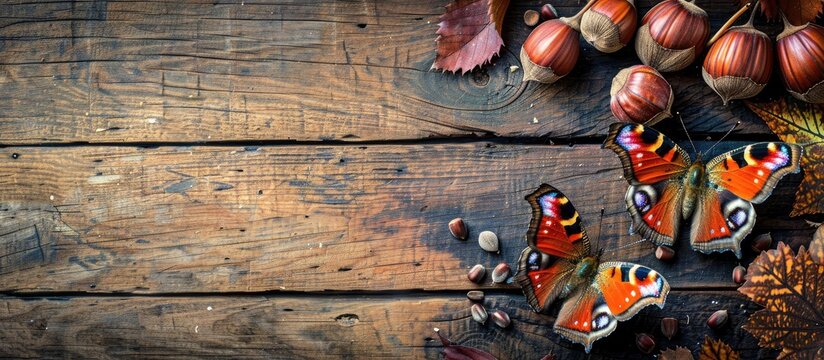 Wooden background showcasing European sweet chestnuts and helicon butterflies seen from above with room for text in the image. with copy space image. Place for adding text or design