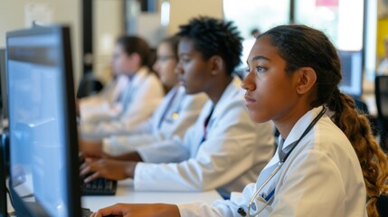 Medical students from diverse backgrounds collaborating and studying on desktop computers in a contemporary university setting