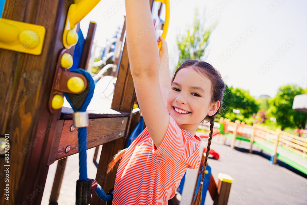 Canvas Prints Portrait of charming lovely little girl summer play outside have fun playground good mood enjoy free time weekend outdoors