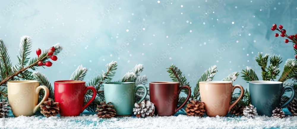 Poster a festive display of aromatic coffee cups set against a backdrop featuring fir branches berries and 