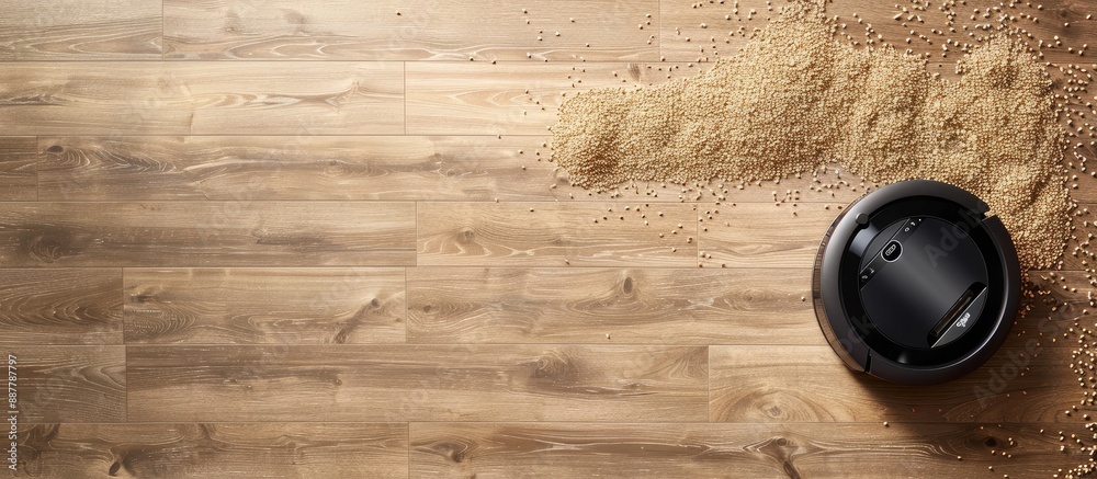 Poster robotic vacuum cleaning up spilled buckwheat on a wooden floor from above with copy space image