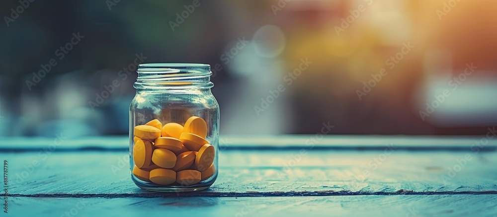 Poster A yellow pill stands alone in a jar symbolizing healing balancing its advantages and drawbacks in its effect as shown in the copy space image