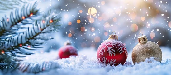 Snowy scene with Christmas balls decoration allowing for a copy space image