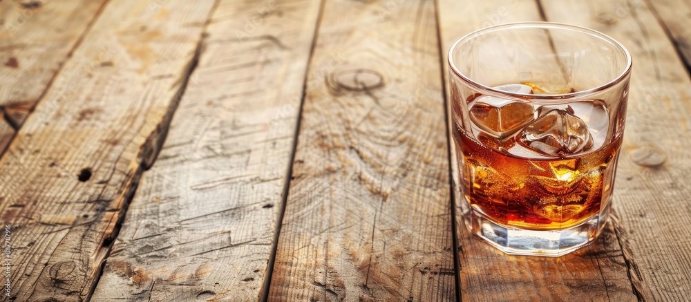 Poster whiskey glass with ice on wooden table with copy space image