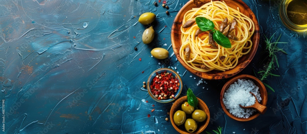 Poster an italian plate of anchovy spaghetti with salt in a wooden bowl and olives on a blue texture backgr