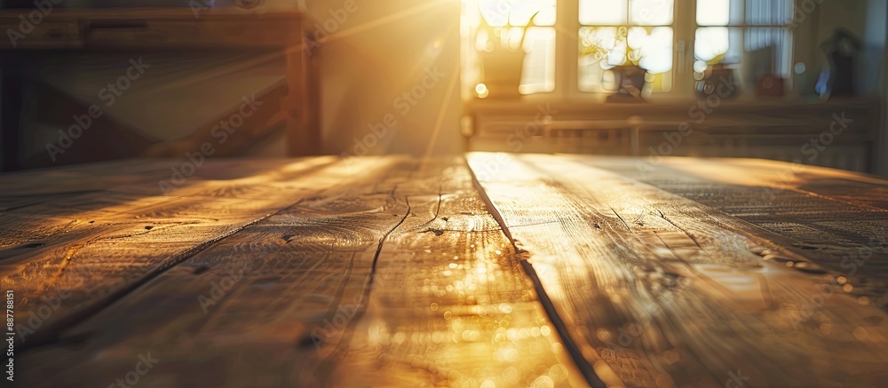 Aufkleber sunlight streaming onto a wooden table creating a warm and inviting ambiance with room for a copy sp
