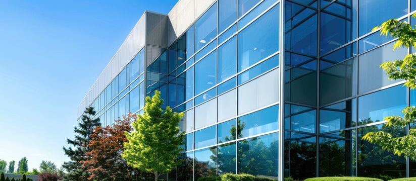 Exterior of a contemporary office building with a clean and sleek appearance featuring ample copy space image for promotional material