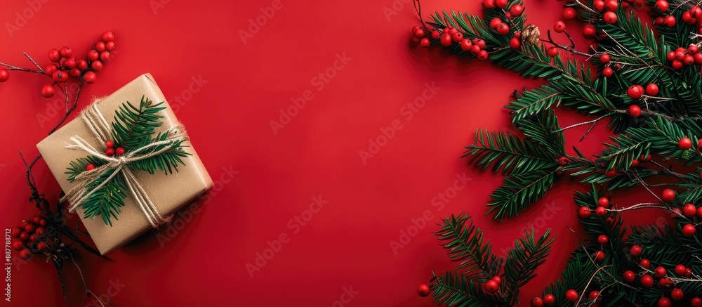 Poster A Christmas themed gift decorated with green tree branches and red berries on a red background for a flat lay composition including copy space for additional elements
