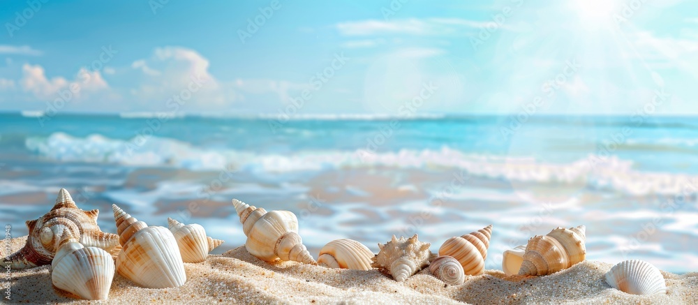 Aufkleber golden sand decorated with seashells creating a tranquil beach scene against a clear blue sky portra