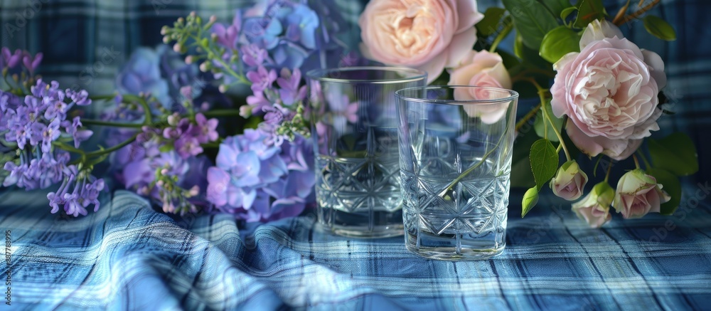 Poster a delightful arrangement of flowers and glasses on a blue plaid background with ample copy space ima