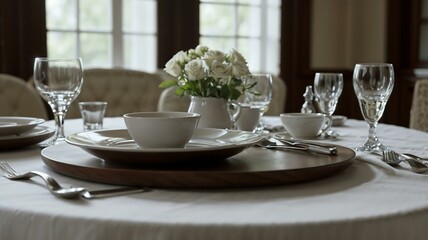 Fototapeta premium Dinner Table Setting with Flowers, Plates, Glasses, and Silverware