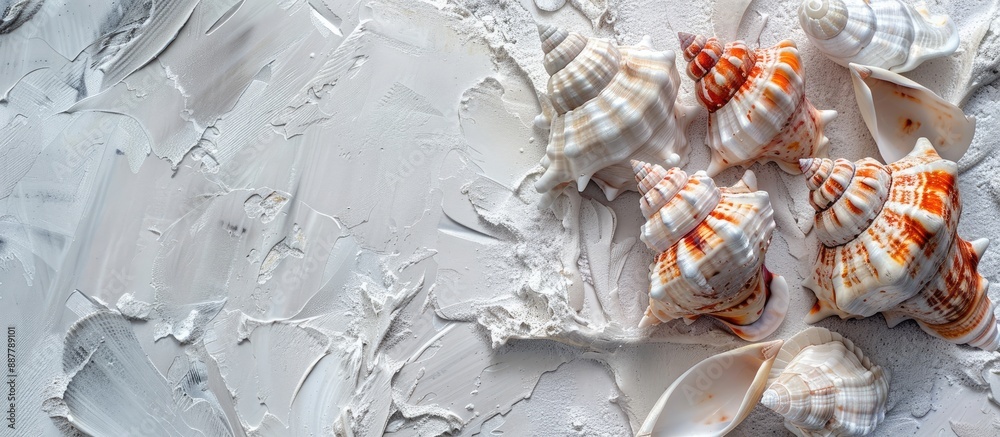 Aufkleber White textured paper featuring light gray and orange seashells creates a natural background with ample copy space image