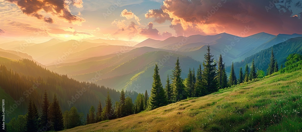 Poster dramatic beauty of a high mountain landscape at evening with a stunning view of the world showcasing