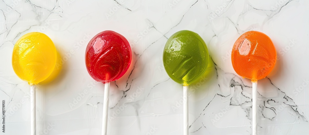 Poster colorful oval lollipops in red yellow green and orange on a light paper backdrop offering flavors li