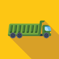 Green tipper truck transporting building materials on a construction site, flat design icon with long shadow