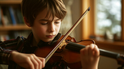 Young boy playing violin indoors with a focused expression, in a cozy, well-lit room with bookshelves in the background.