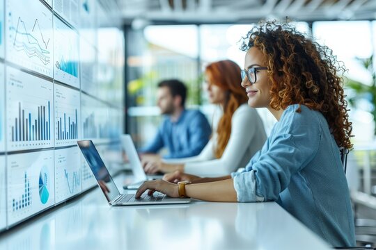 An office staff collaborating on a digital marketing campaign. Modern office setting with natural lighting. Generative AI