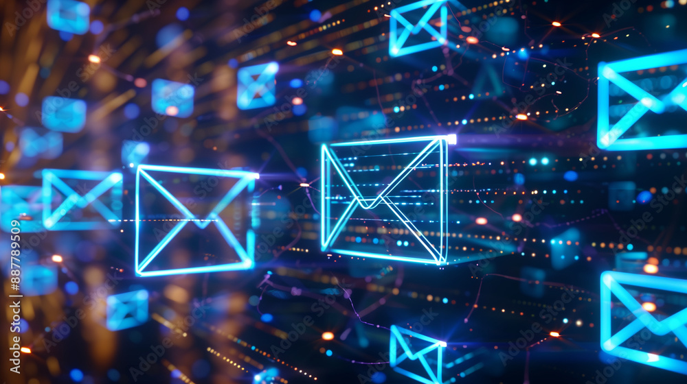 Poster Online Communication and Technology: Glowing Explore and Email Icons Floating in the Air on a Dark Background with Bokeh Lights Representing Futuristic Data Transfer and Global Connectivity.