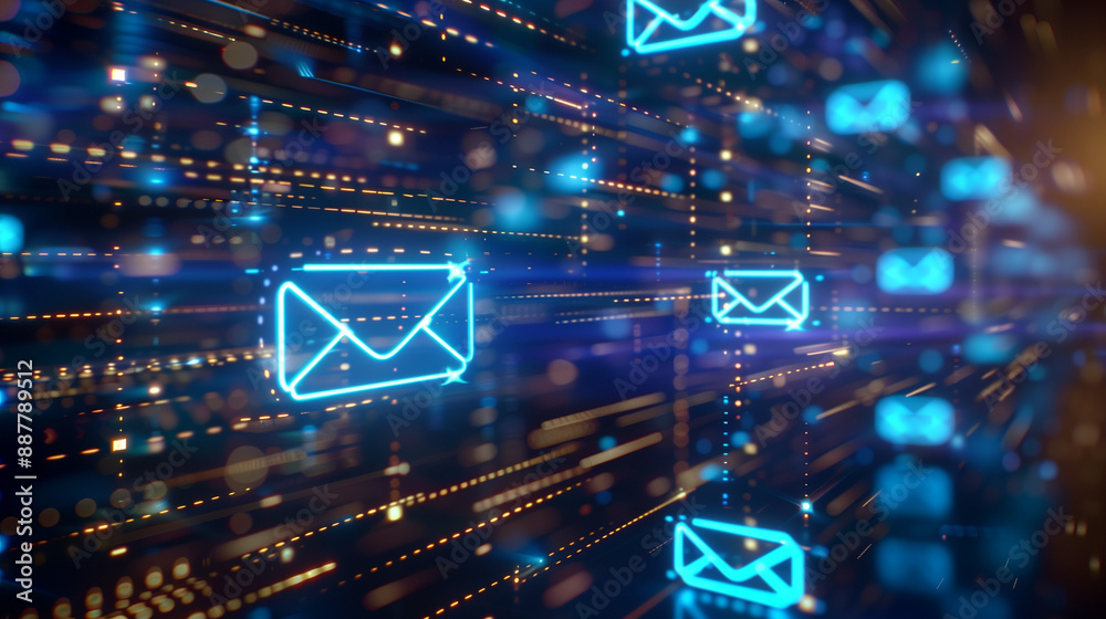 Aufkleber Online Communication and Technology: Glowing Explore and Email Icons Floating in the Air on a Dark Background with Bokeh Lights Representing Futuristic Data Transfer and Global Connectivity.