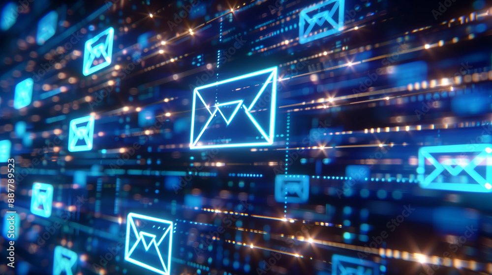 Aufkleber Online Communication and Technology: Glowing Explore and Email Icons Floating in the Air on a Dark Background with Bokeh Lights Representing Futuristic Data Transfer and Global Connectivity.