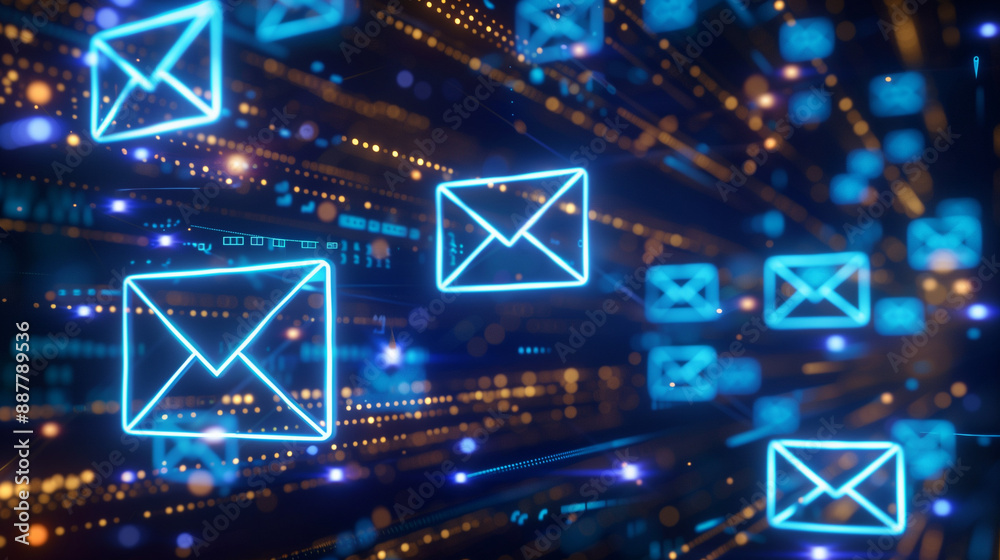 Aufkleber Online Communication and Technology: Glowing Explore and Email Icons Floating in the Air on a Dark Background with Bokeh Lights Representing Futuristic Data Transfer and Global Connectivity.